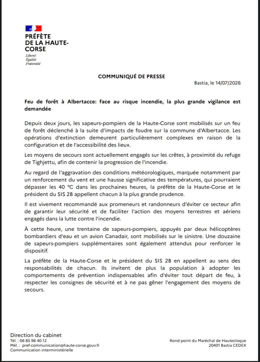 Incendie à Albertacce : le GR20 fermé entre Tighjettu et la bergerie de Ballone 5 Communiqué officiel pour l'incendie sur le GR20