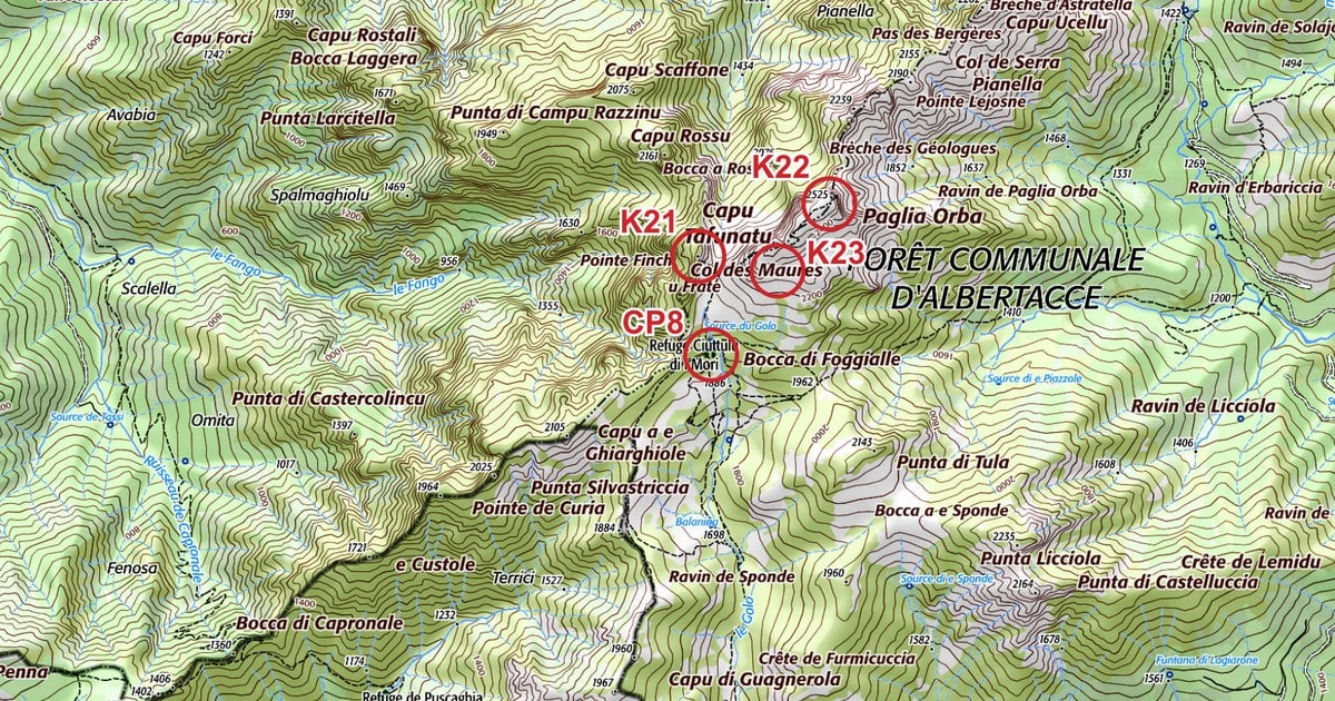 Championnat du monde de raid aventure : l'ARWC 2026 passe par le GR20, de Bavella au Monte Cinto 4 Carte officielle ARWC 2026 autour du refuge de Ciottulu di i Mori avec le CP8 et les balises K21, K22 et K23 sur la Paglia Orba