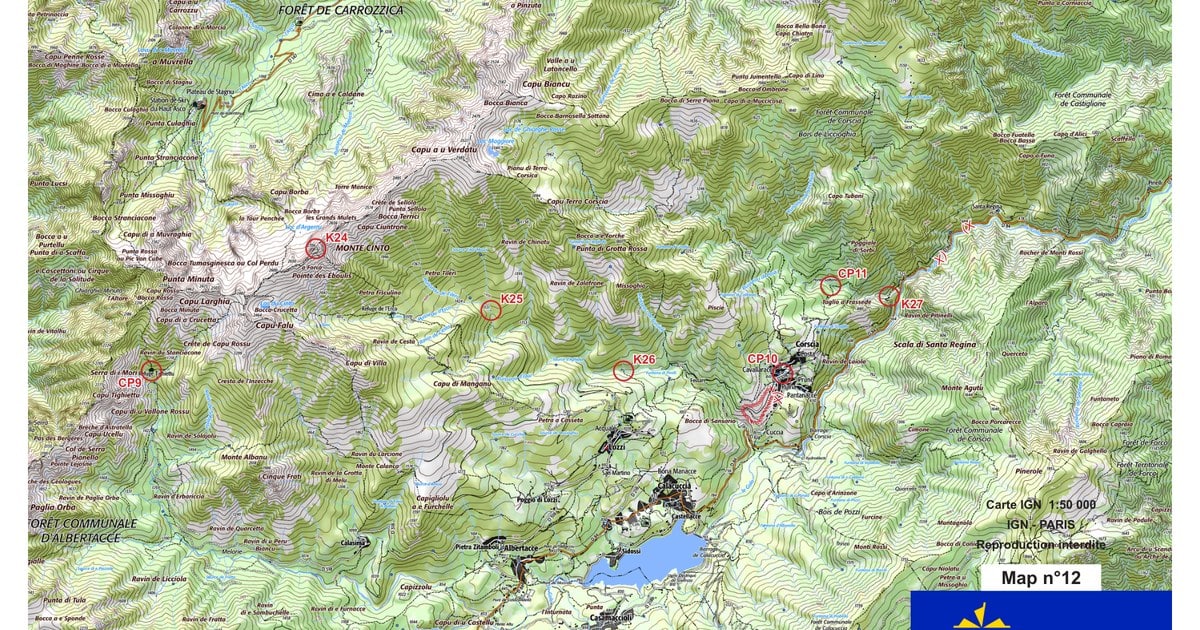 Championnat du monde de raid aventure : l'ARWC 2026 passe par le GR20, de Bavella au Monte Cinto 9 Carte officielle ARWC 2026 du trek 3 entre le refuge de Tighjettu, le Monte Cinto et Corscia avec le CP9, les balises K24 à K27, le CP10 et le CP11